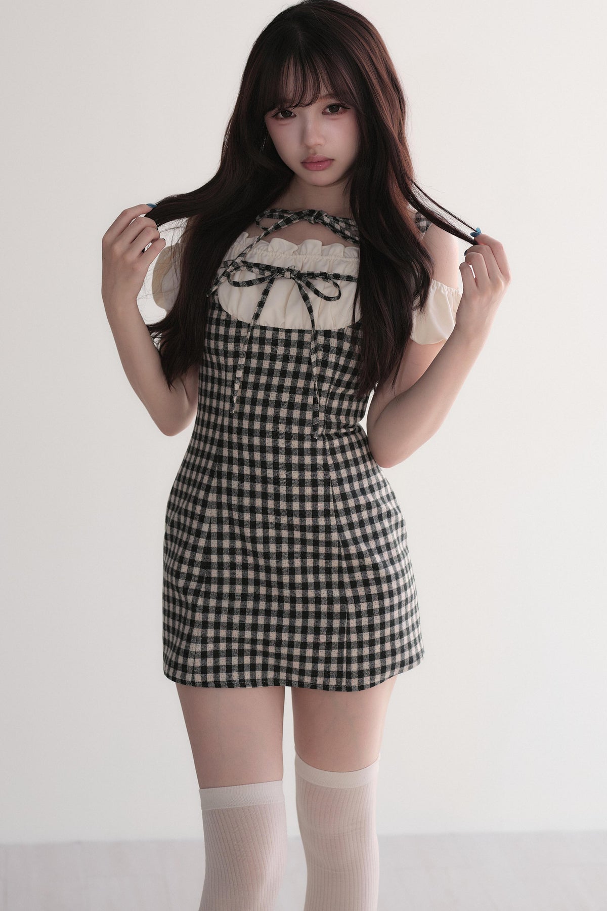 Small Checkered Off-Shoulder Tie Dress