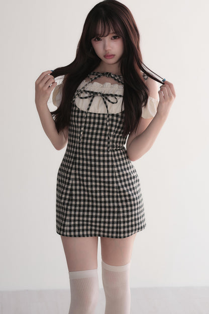 Small Checkered Off-Shoulder Tie Dress