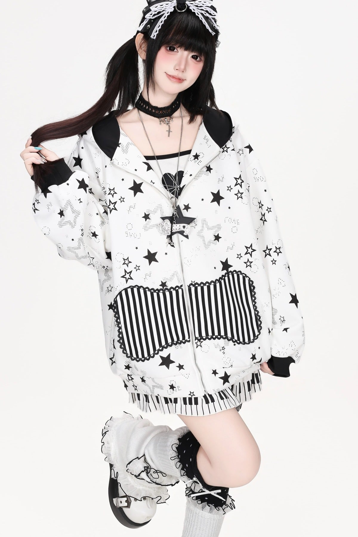 Star Print Hooded Sweatshirt Jacket