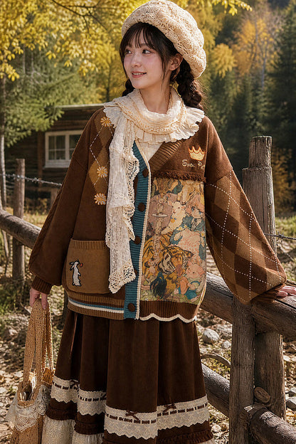 Vintage Oil Painting Knit Cardigan And Skirt