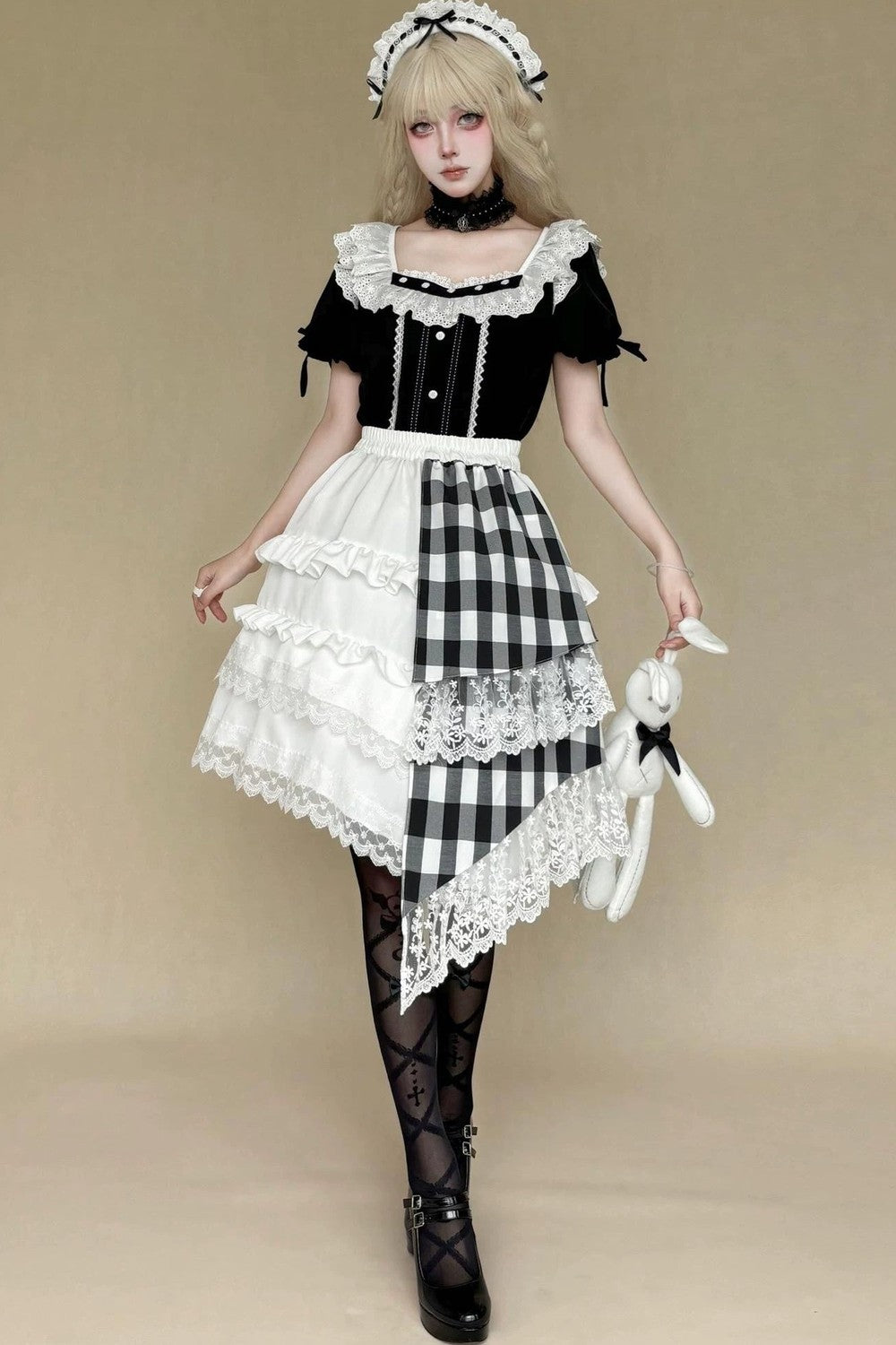 Lace Trim Plaid Skirt + Top + Hair Accessories