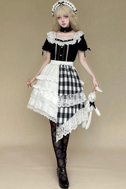 Lace Trim Plaid Skirt + Top + Hair Accessories