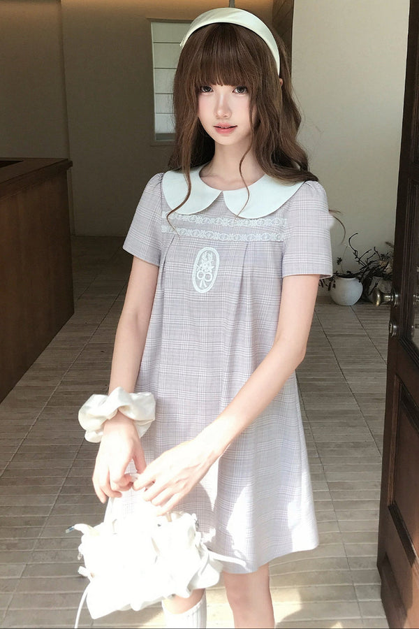 Plaid Embroidery Pleated Short Dress