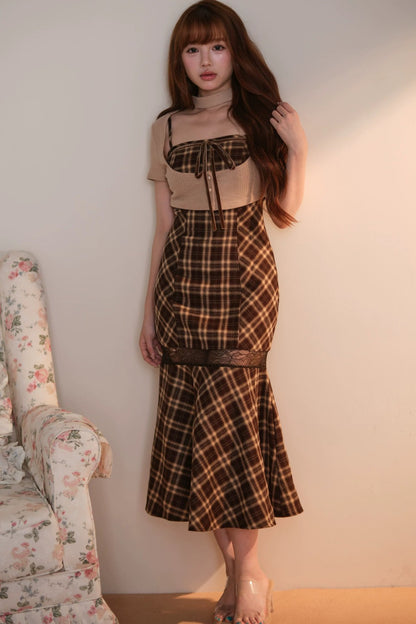 [Vorbestellung] Klassisches kariertes langes Kleid + Cardigan