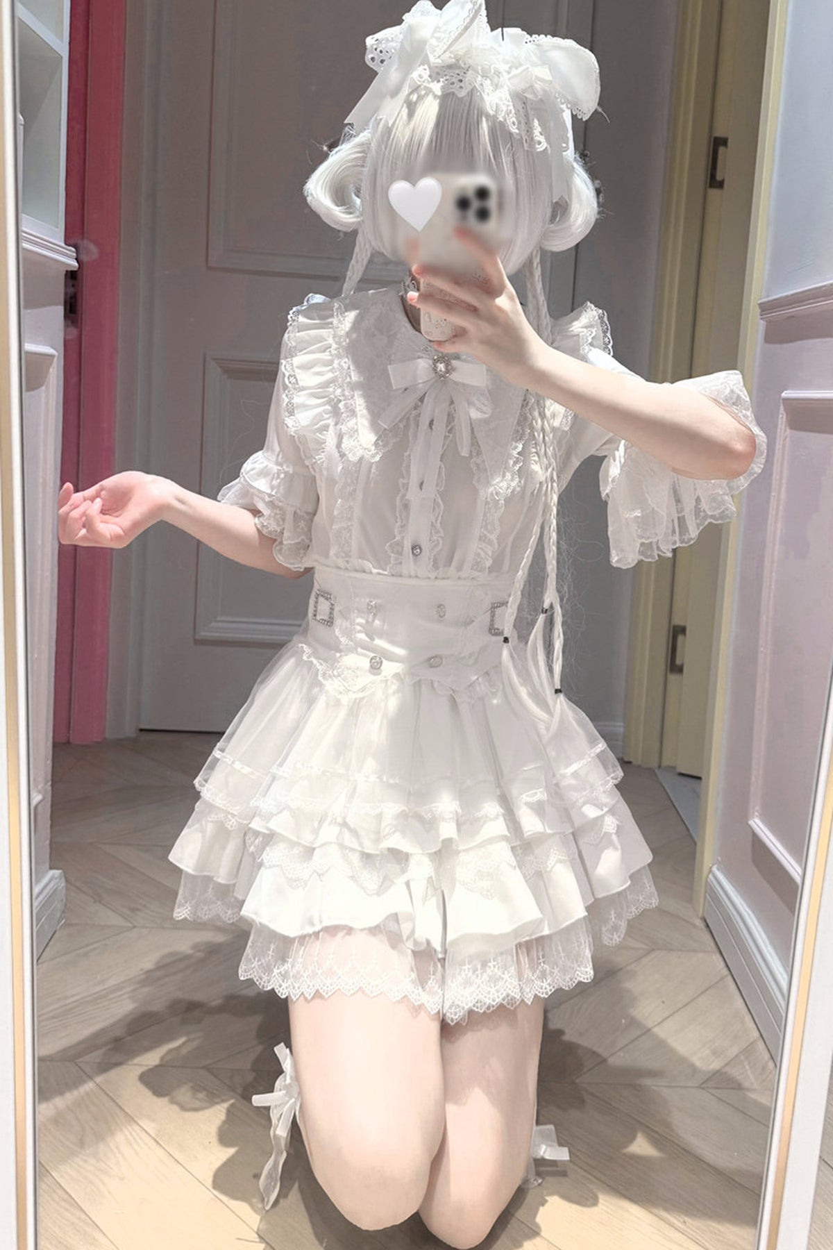 Cherry Short-Sleeved Lace Collar Shirt and Skirt Set-Up