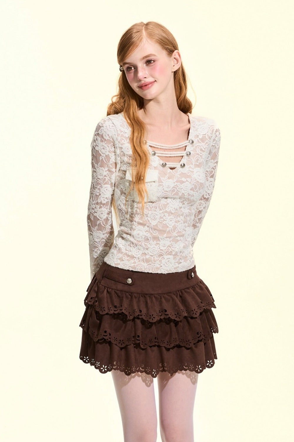 Metal Buckle V-Neck Lace Blouse