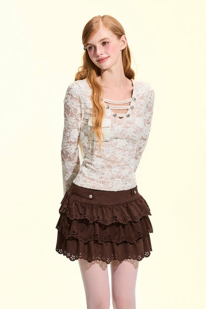 Metal Buckle V-Neck Lace Blouse