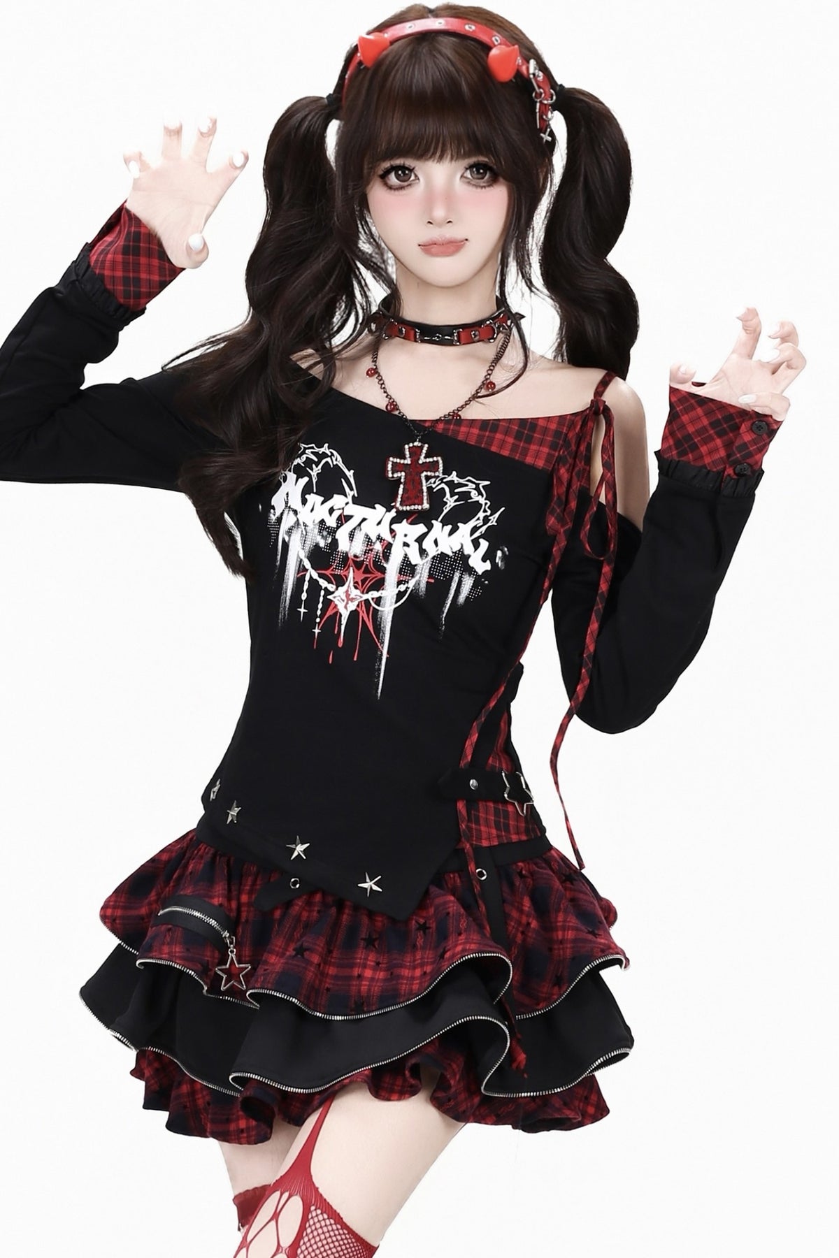 Asymmetrical Plaid Tie-Up Long Sleeve T-Shirt Set-Up