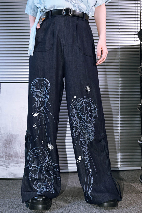 Blue Jellyfish Print Lace-Up Wide-Leg Pants