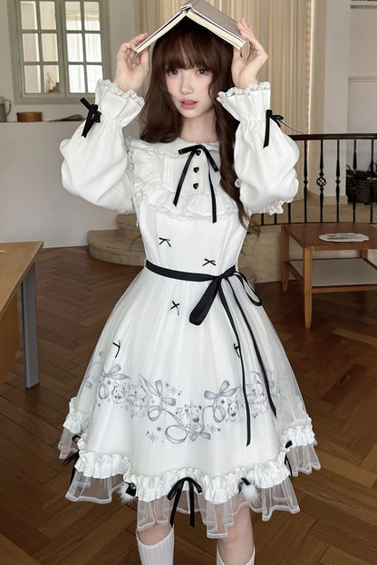 긴소매 토끼 프린트 피터팬 칼라 원피스