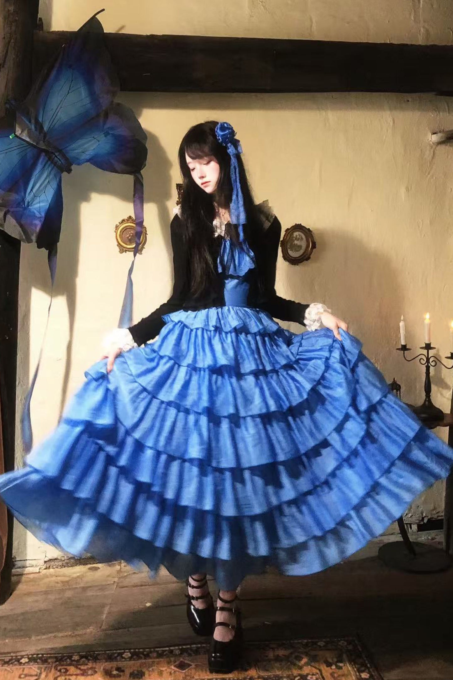 Seven-Layer Ruffle Square Neck Dress, Hair Accessory and Jacket Set-Up