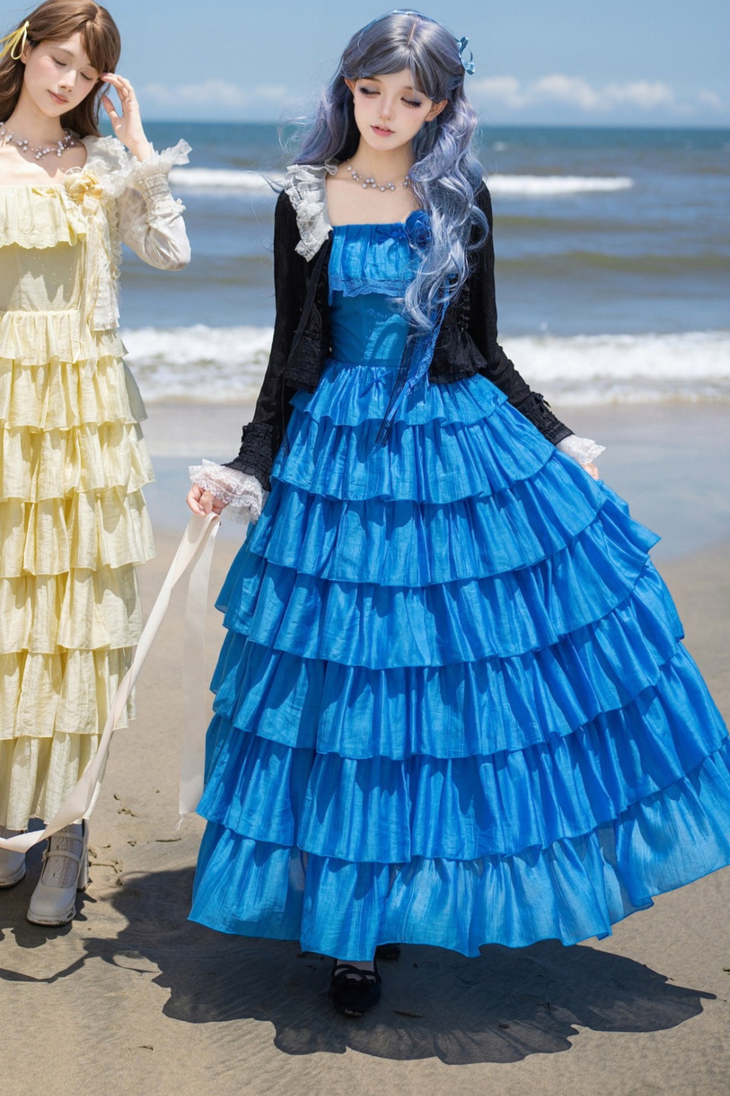 Seven-Layer Ruffle Square Neck Dress, Hair Accessory and Jacket Set-Up