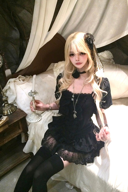 Gothic Black Lace Camisole and Skirt Set