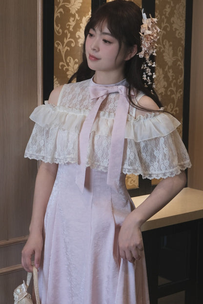 レースフリル清楚系ピンクロングワンピース