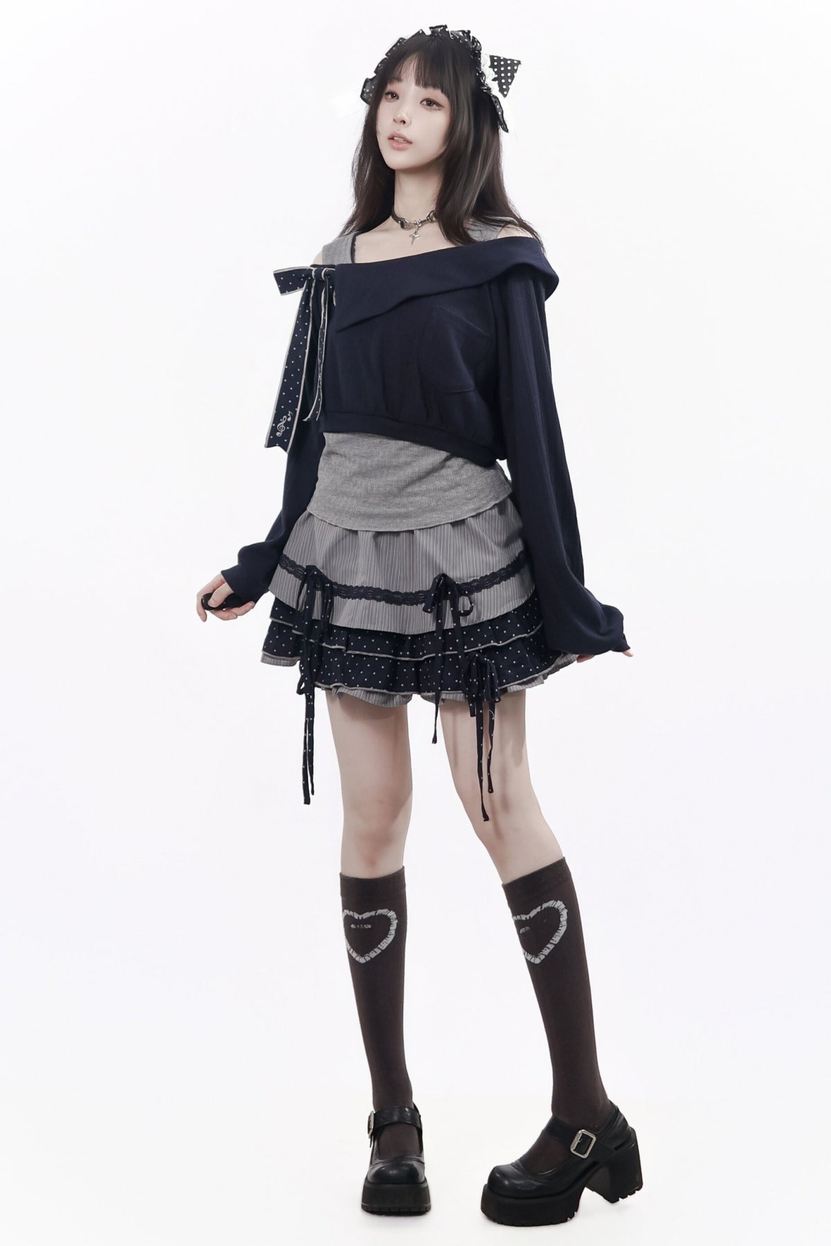 Polka Dot Waist-Cinching Layered-Look Top and Skirt Set-Up