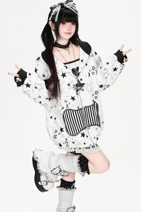 Star Print Hooded Sweatshirt Jacket