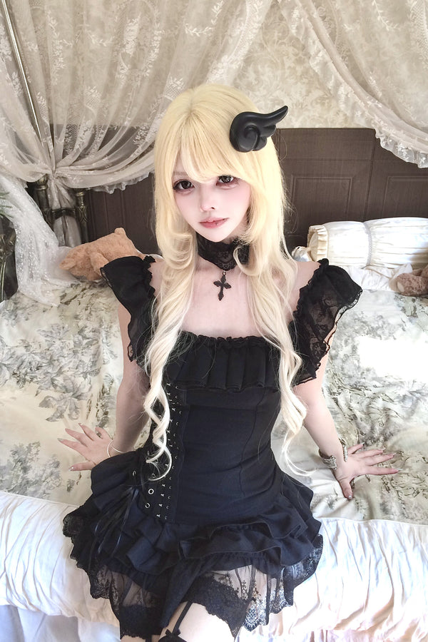 Black Gothic Lace Off-Shoulder Tie-Up Back Top and Skirt Set