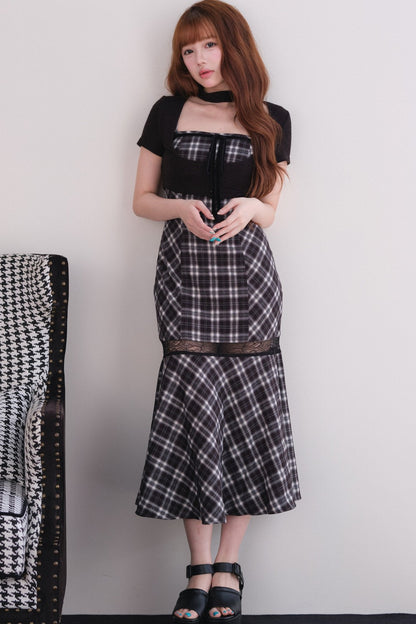 [Vorbestellung] Klassisches kariertes langes Kleid + Cardigan