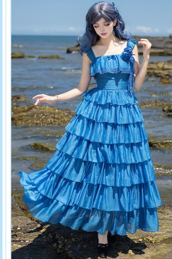 Seven-Layer Ruffle Square Neck Dress, Hair Accessory and Jacket Set-Up