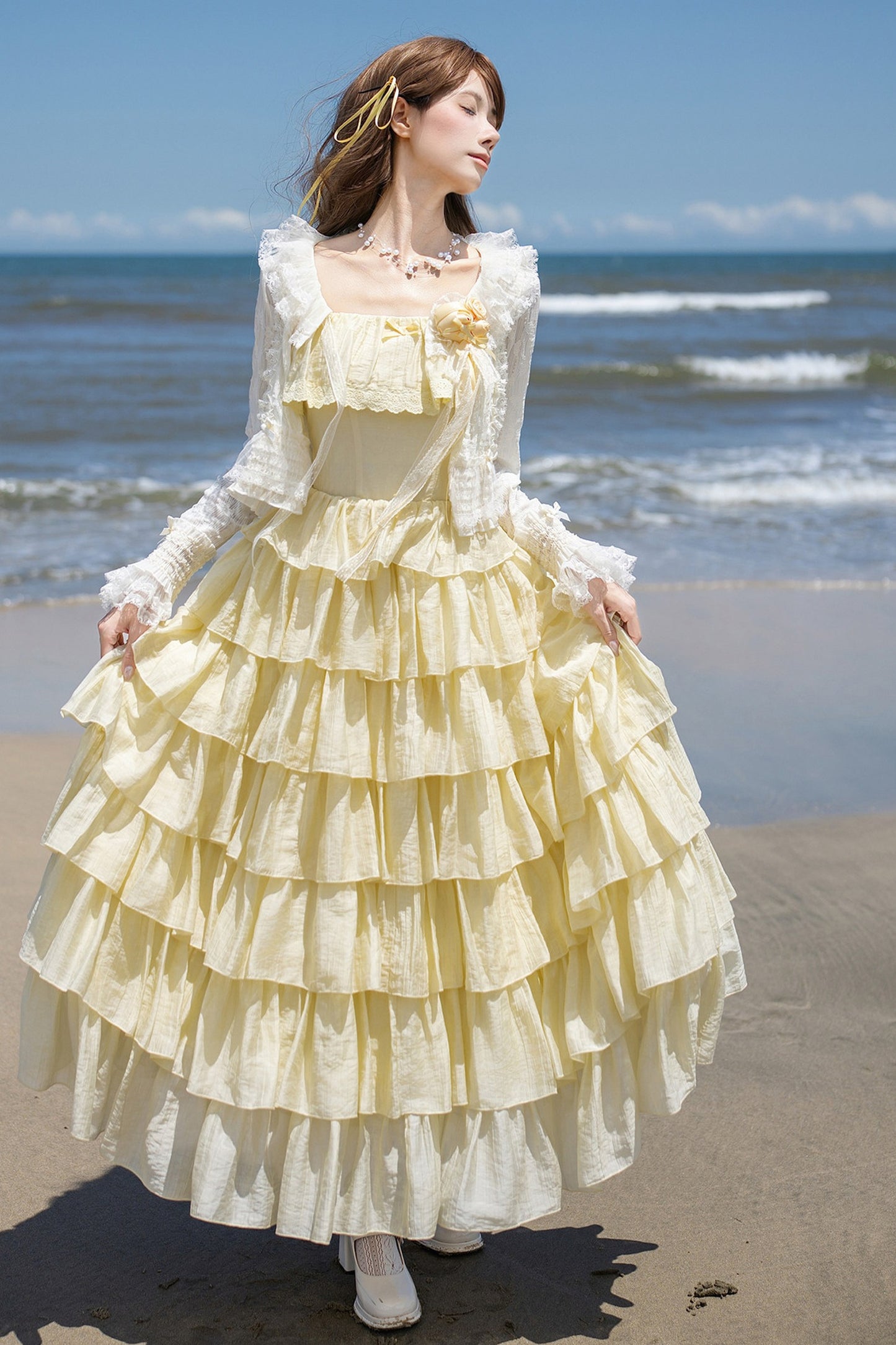 Seven-Layer Ruffle Square Neck Dress, Hair Accessory and Jacket Set-Up