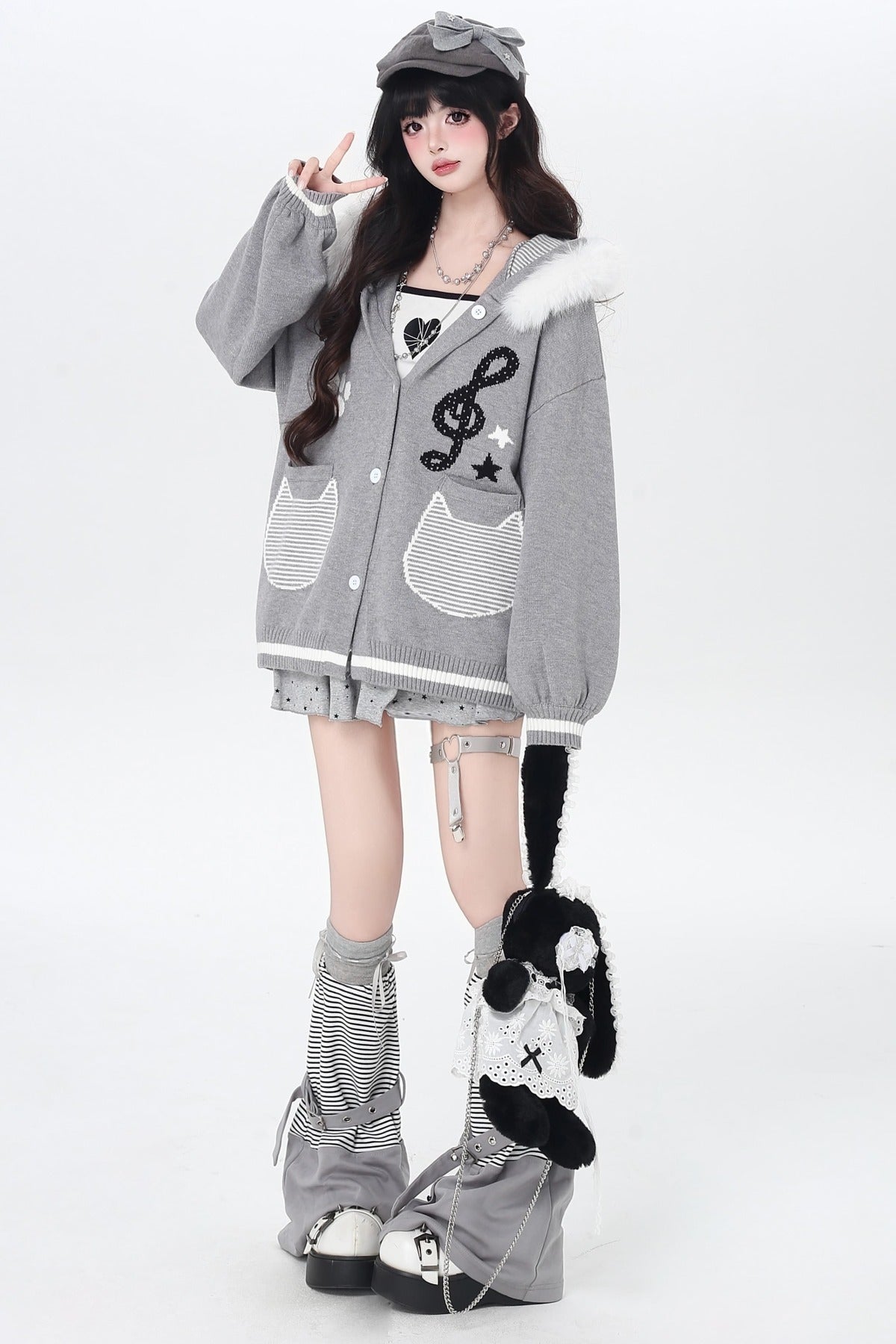 Cat Concerto Hooded Knit Cardigan