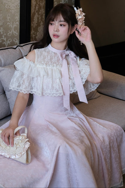 レースフリル清楚系ピンクロングワンピース