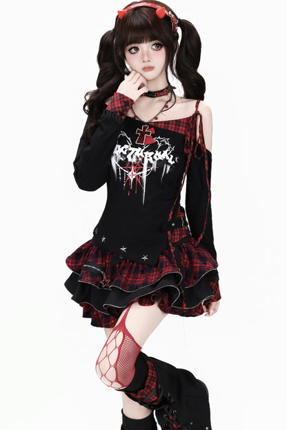 Asymmetrical Plaid Tie-Up Long Sleeve T-Shirt Set-Up