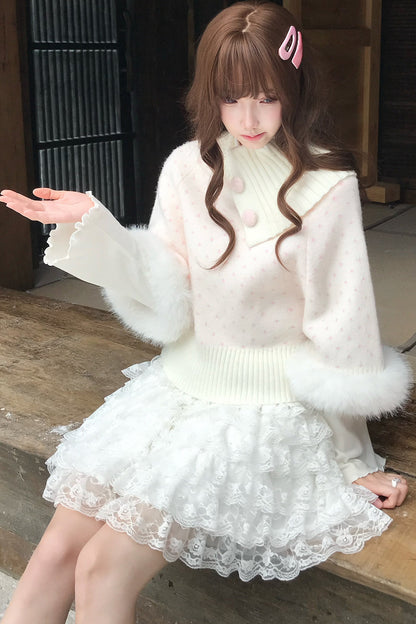 Ensemble jupe et pull cape rose en fausse fourrure