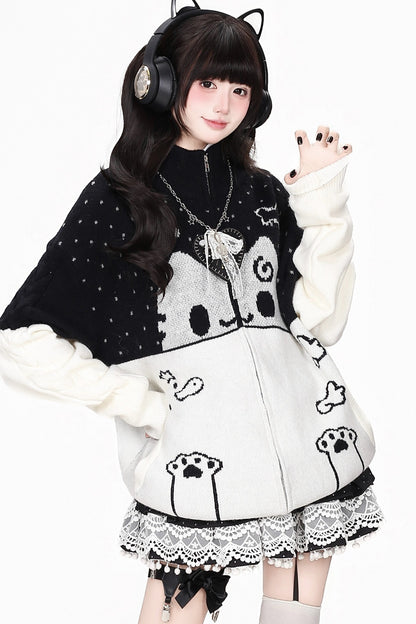 Cat Themed Color-Block Knit Cardigan