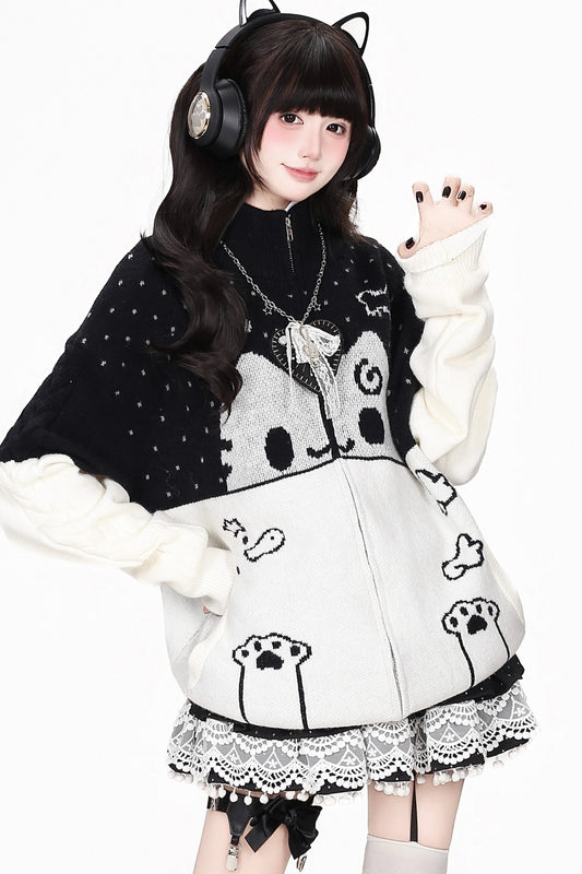 Cat Themed Color-Block Knit Cardigan