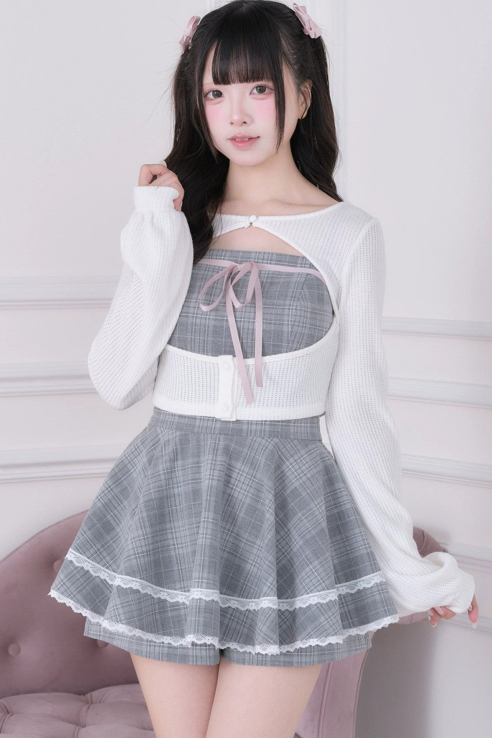 Girly Plaid Dress with Cardigan