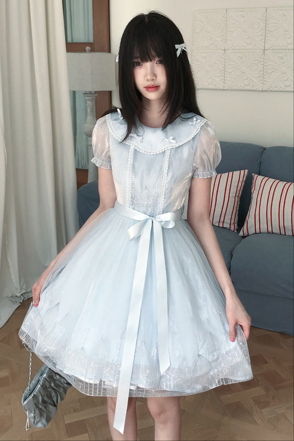 Blue Princess Doll Collar Lace Trim Dress