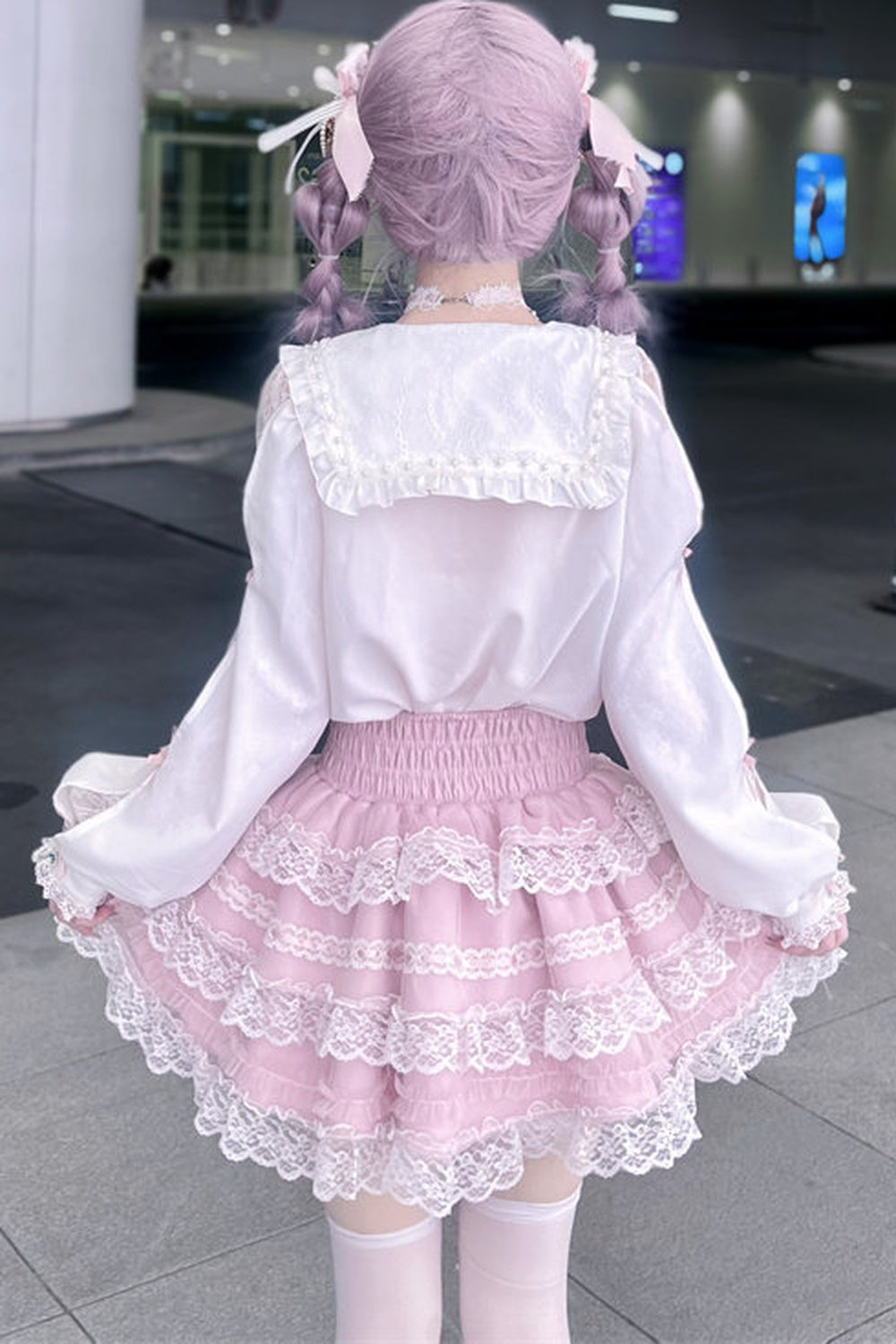 Sailor Collar Long-Sleeve Shirt and Tiered Skirt Set-Up