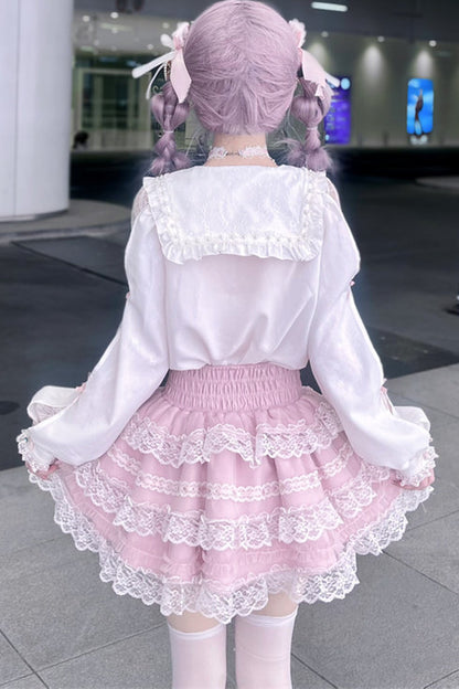 Sailor Collar Long-Sleeve Shirt and Tiered Skirt Set-Up