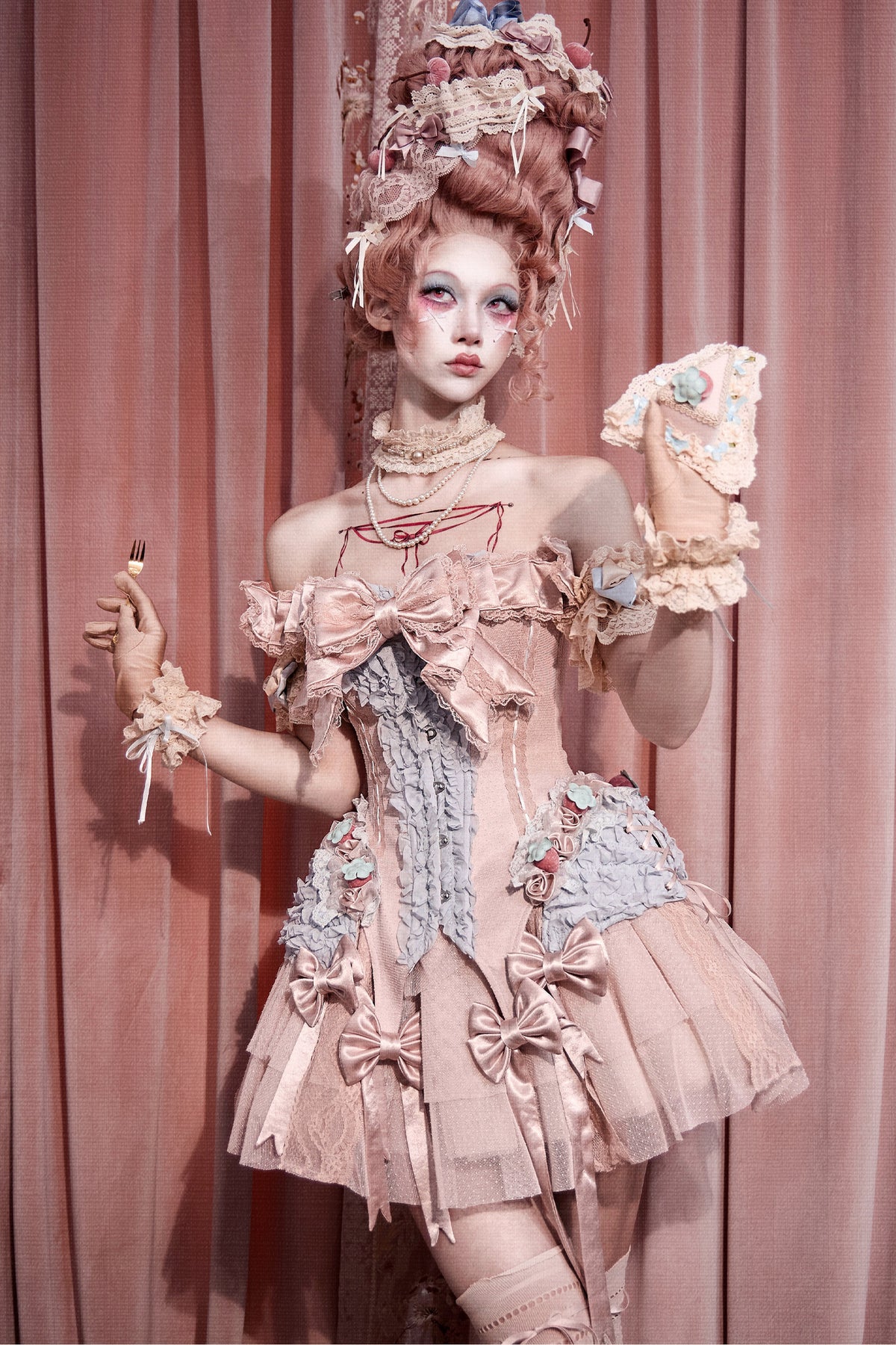 Strawberry Fishbone Corset Top With Necklace And Sleeves Set