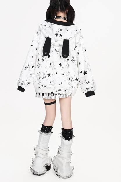Star Print Hooded Sweatshirt Jacket