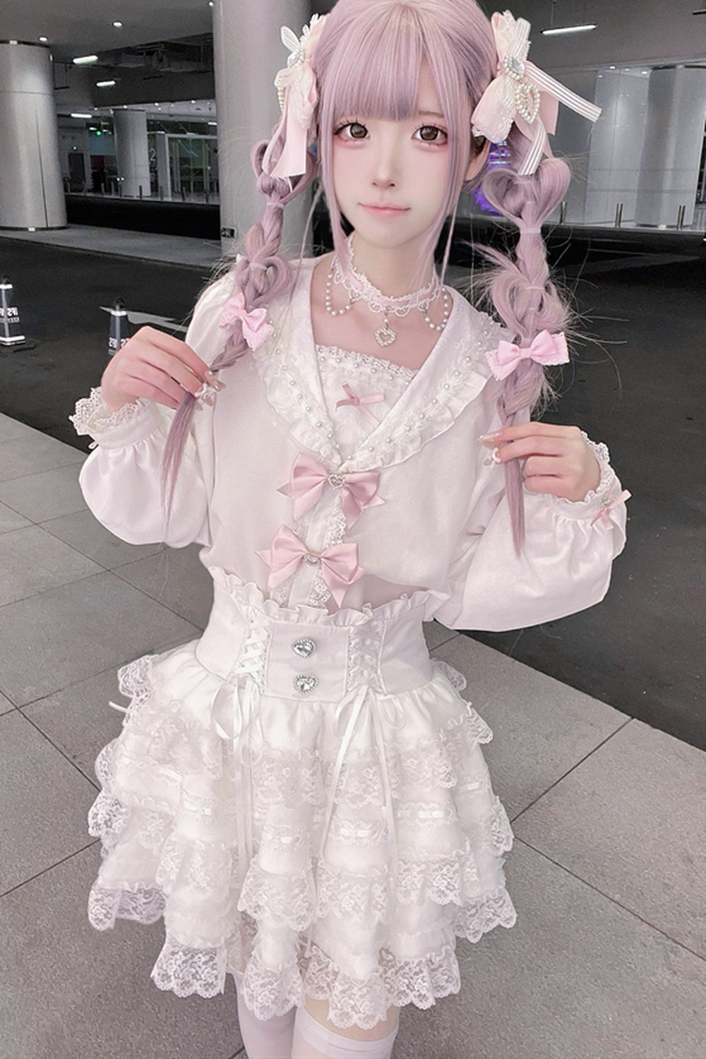 Sailor Collar Long-Sleeve Shirt and Tiered Skirt Set-Up