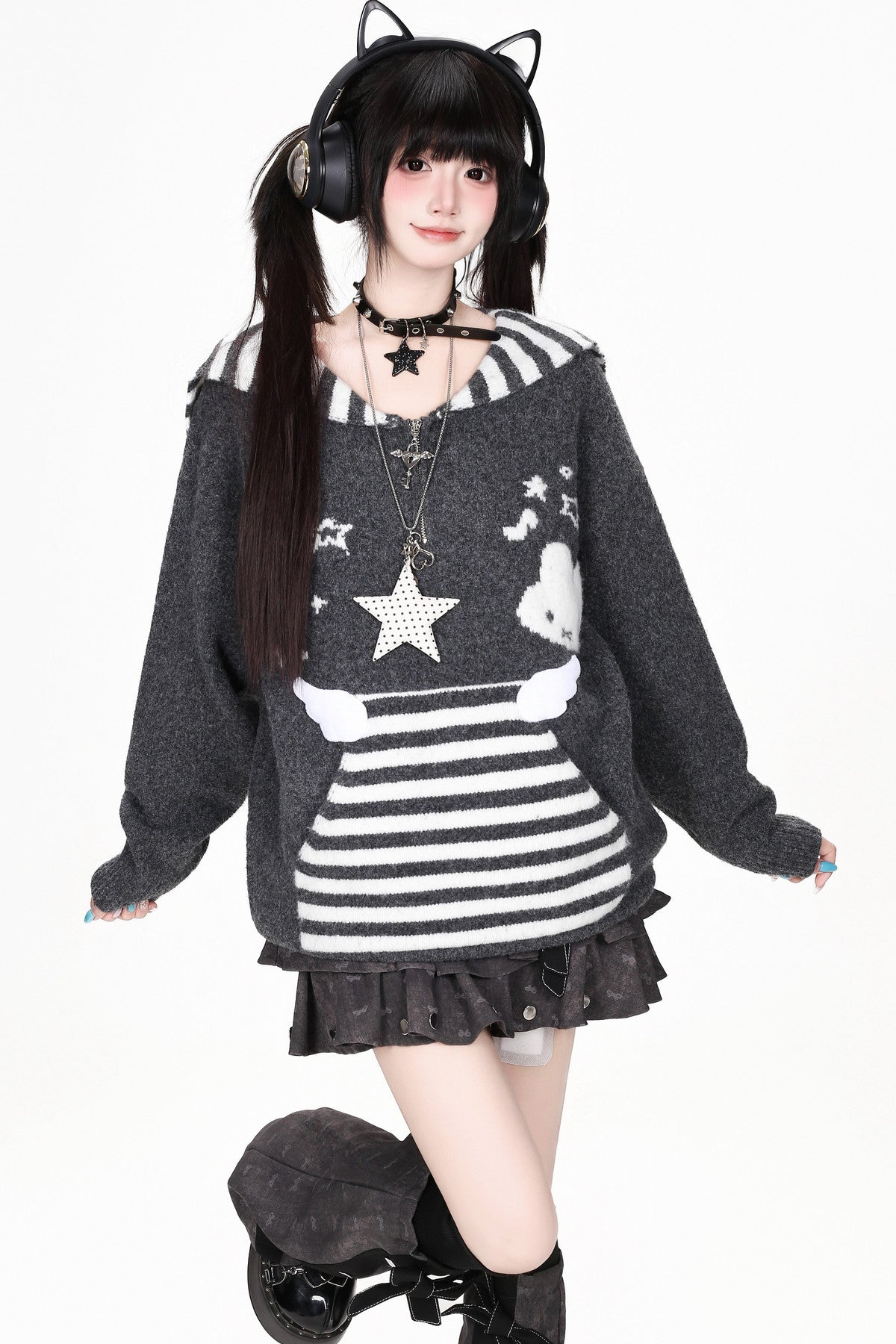 Striped Sailor Collar Bunny Sweater