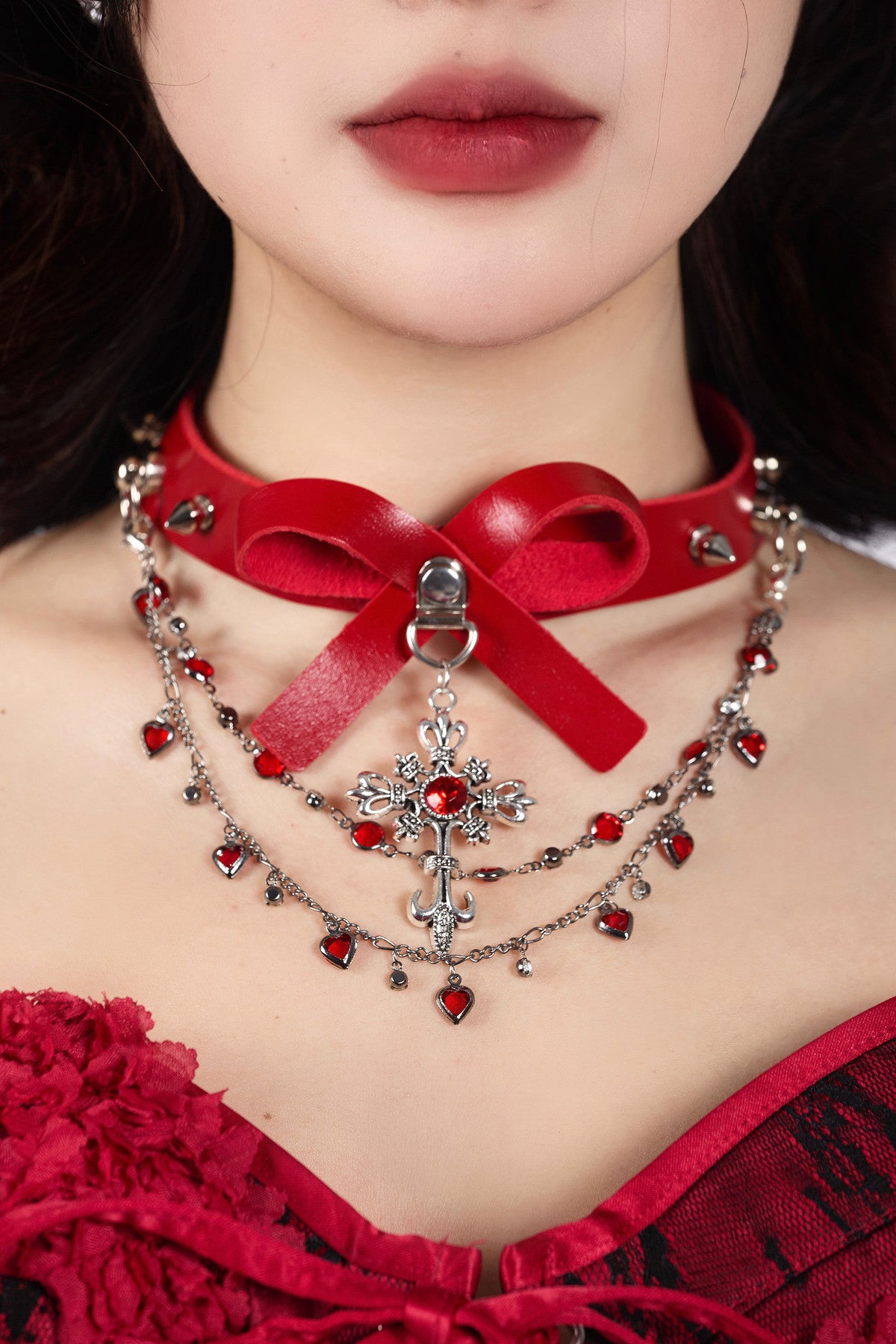 Red Gothic Multi-Layered Bow Choker