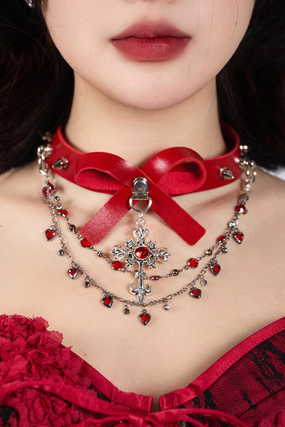 Red Gothic Multi-Layered Bow Choker