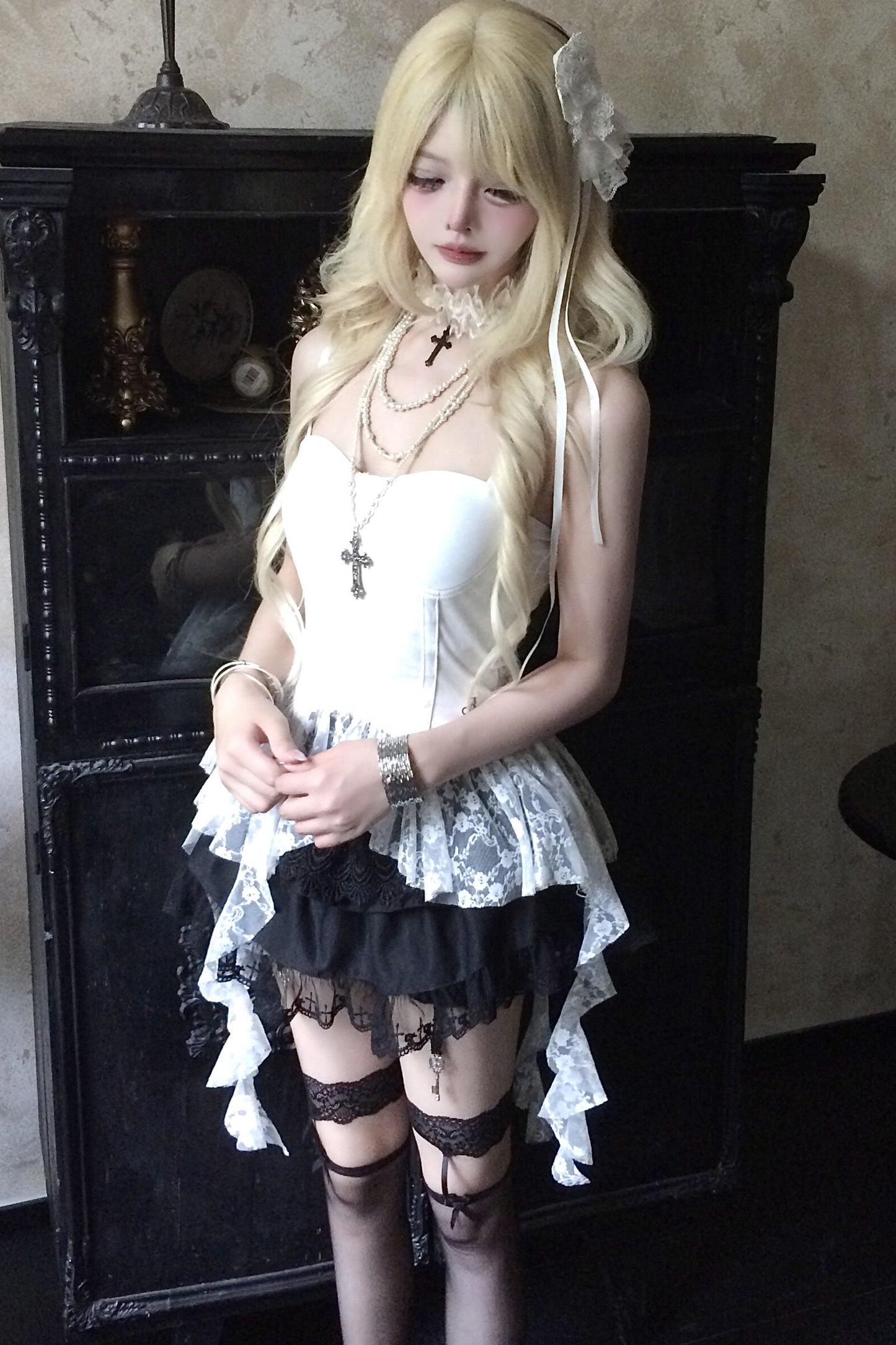White Lace Spliced Irregular Strap Dress