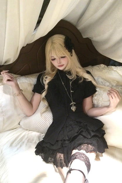 Black Puff Sleeve Lace Patchwork Top and Skirt Set