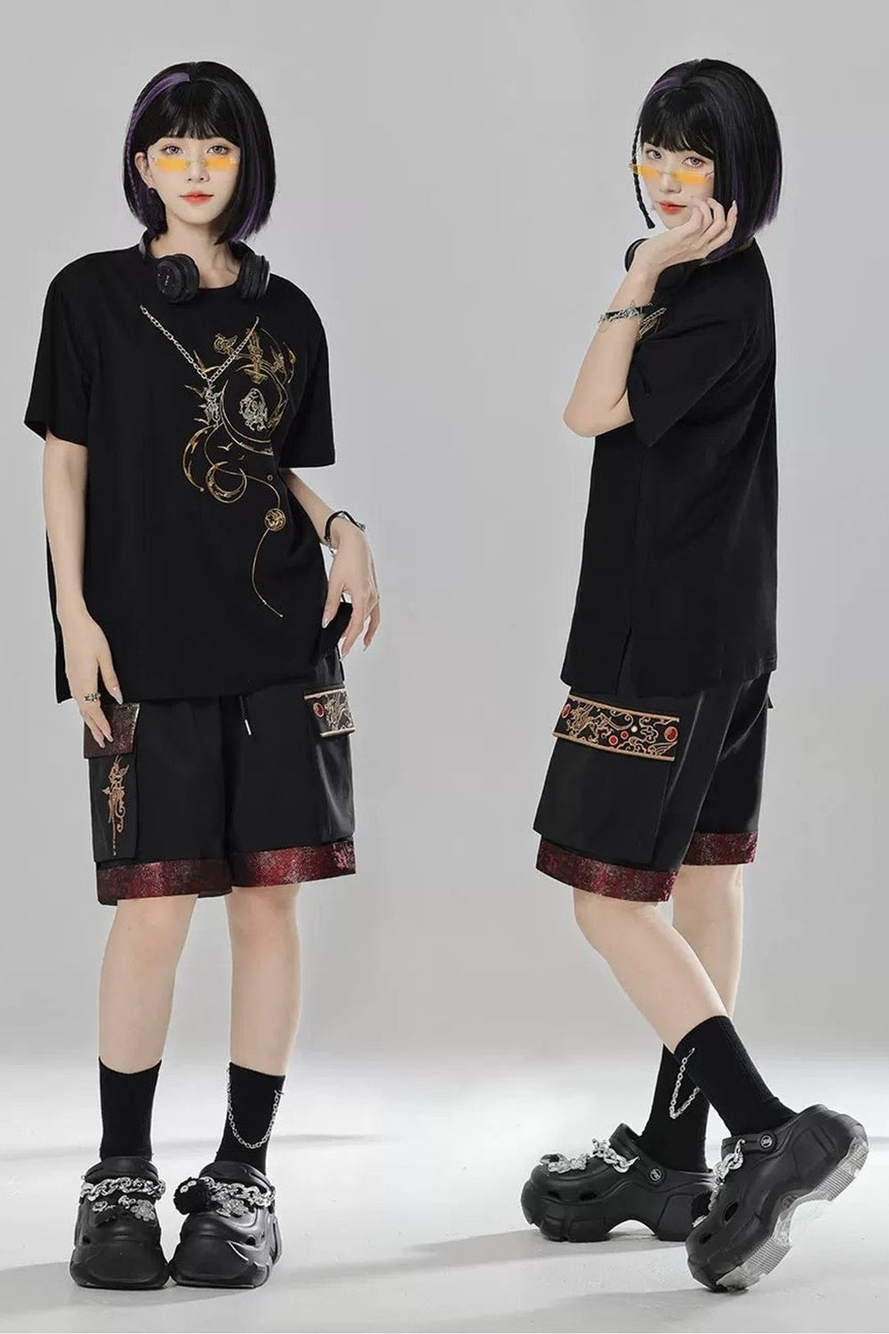 Short-Sleeve Dragon Embroidered T-Shirt and Shorts Set-Up