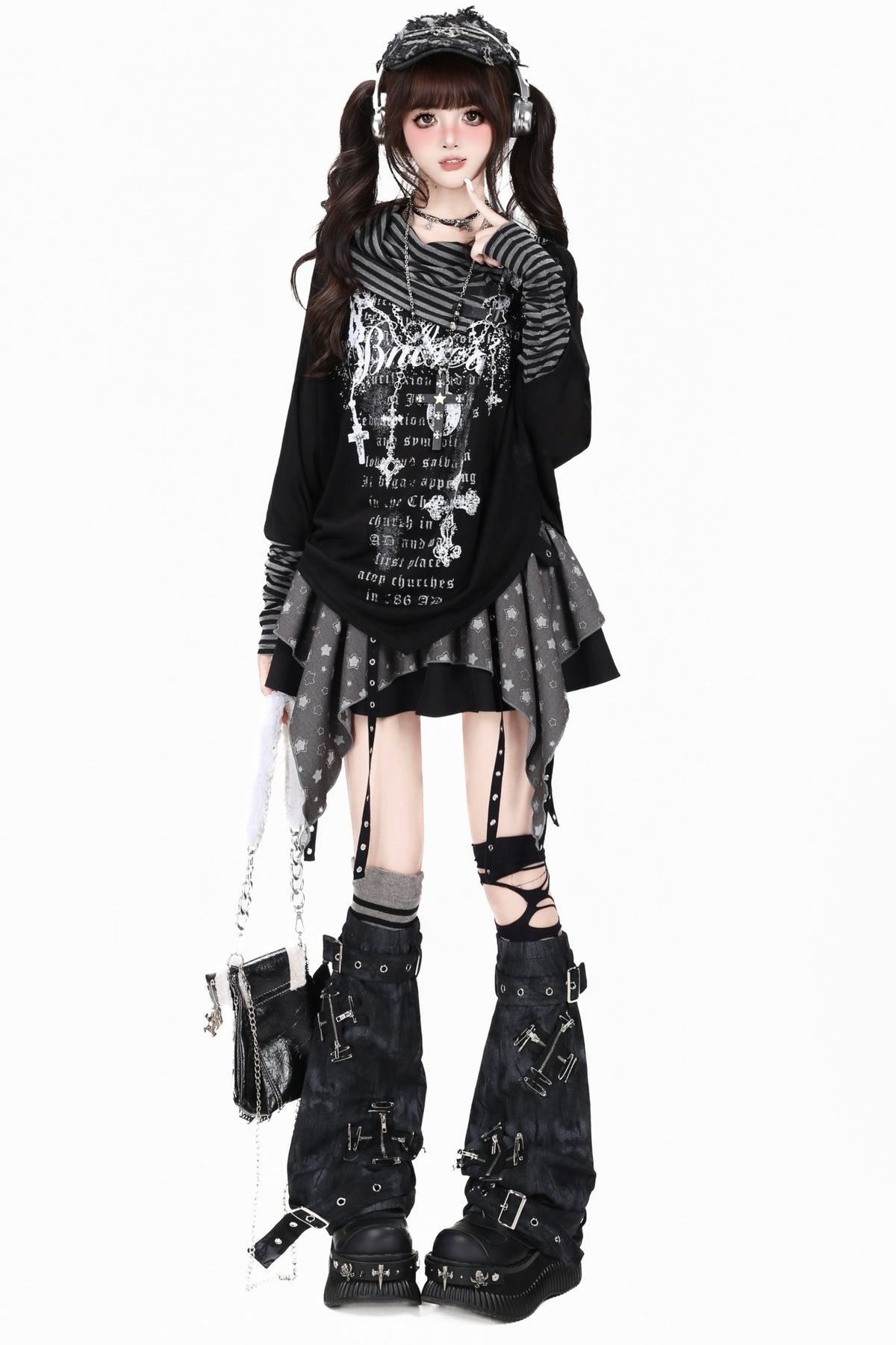 Gothic Print Striped Base Layer Top