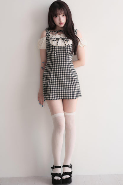 Small Checkered Off-Shoulder Tie Dress
