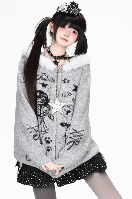 Anime Girl Print Zip-Up Fur Jacket