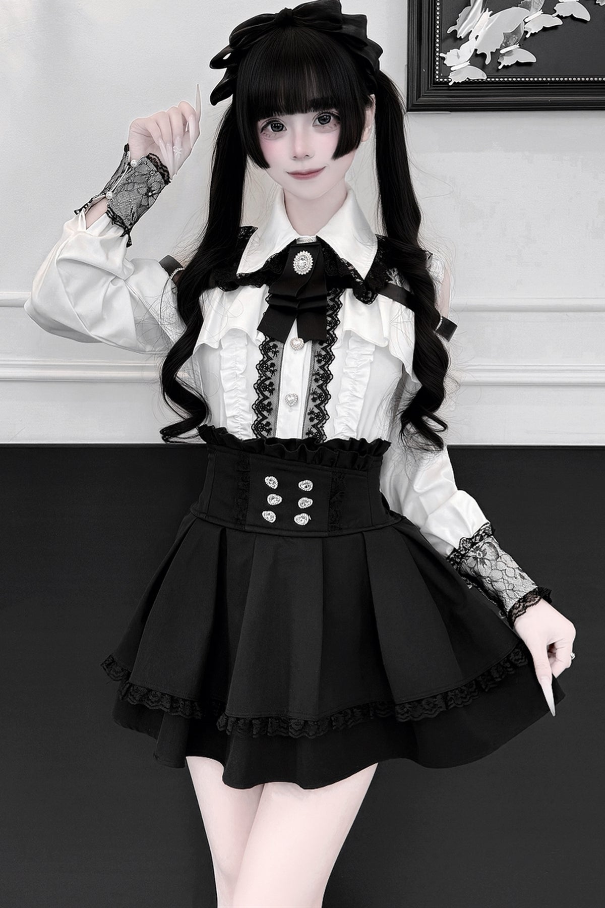 [Pre-order] Cold Shoulder Heart Buckle Long Sleeve Ruffle Lace Blouse with Bow Tie + Lace-Trim Pleated Mini Skirt Set