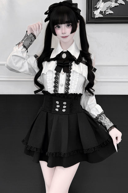 [Pre-order] Cold Shoulder Heart Buckle Long Sleeve Ruffle Lace Blouse with Bow Tie + Lace-Trim Pleated Mini Skirt Set