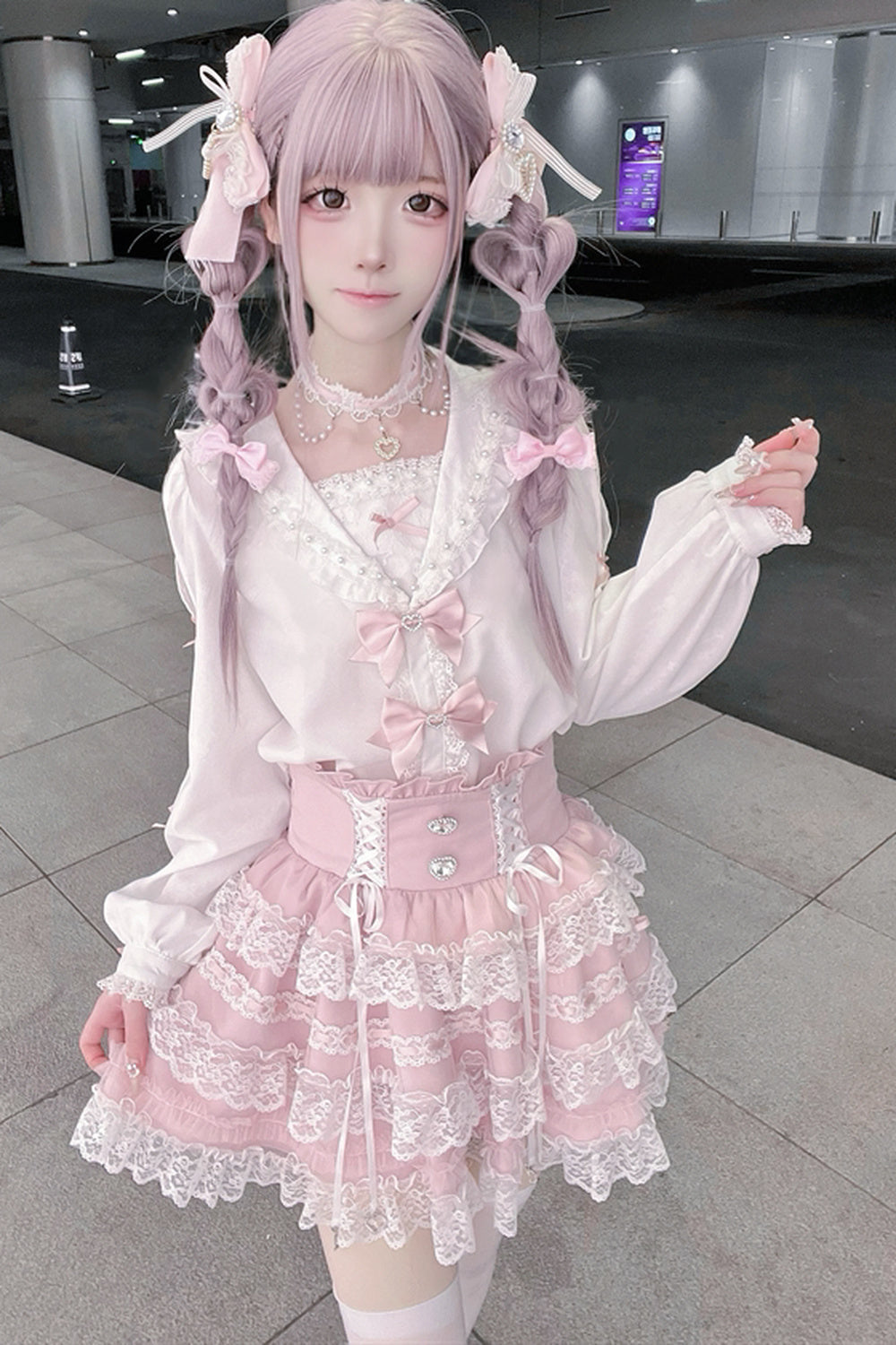 Sailor Collar Long-Sleeve Shirt and Tiered Skirt Set-Up