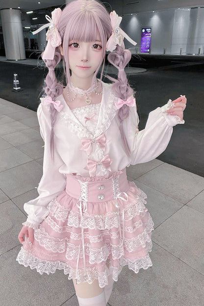 Sailor Collar Long-Sleeve Shirt and Tiered Skirt Set-Up